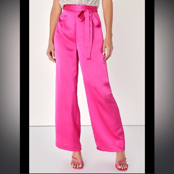 NEW: Lulus Truest Trend Fuchsia Satin Paper Bag Wide-Leg Pants - Picture 11 of 16